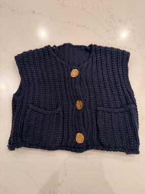 Women’s SM Navy Chunky Knit Sweater Vest Gold Button Front Pocketed Boho Cottage